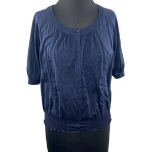 VTG Anthropologie Odille Navy Blue Half Sleeve Cotton Blend Embroidered Top 8